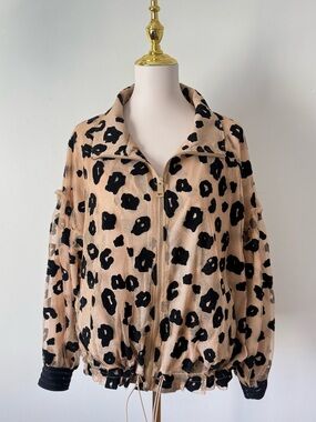 Berek See Through Leopard Size M Bomber Jacket Beige Black Golden Metallic